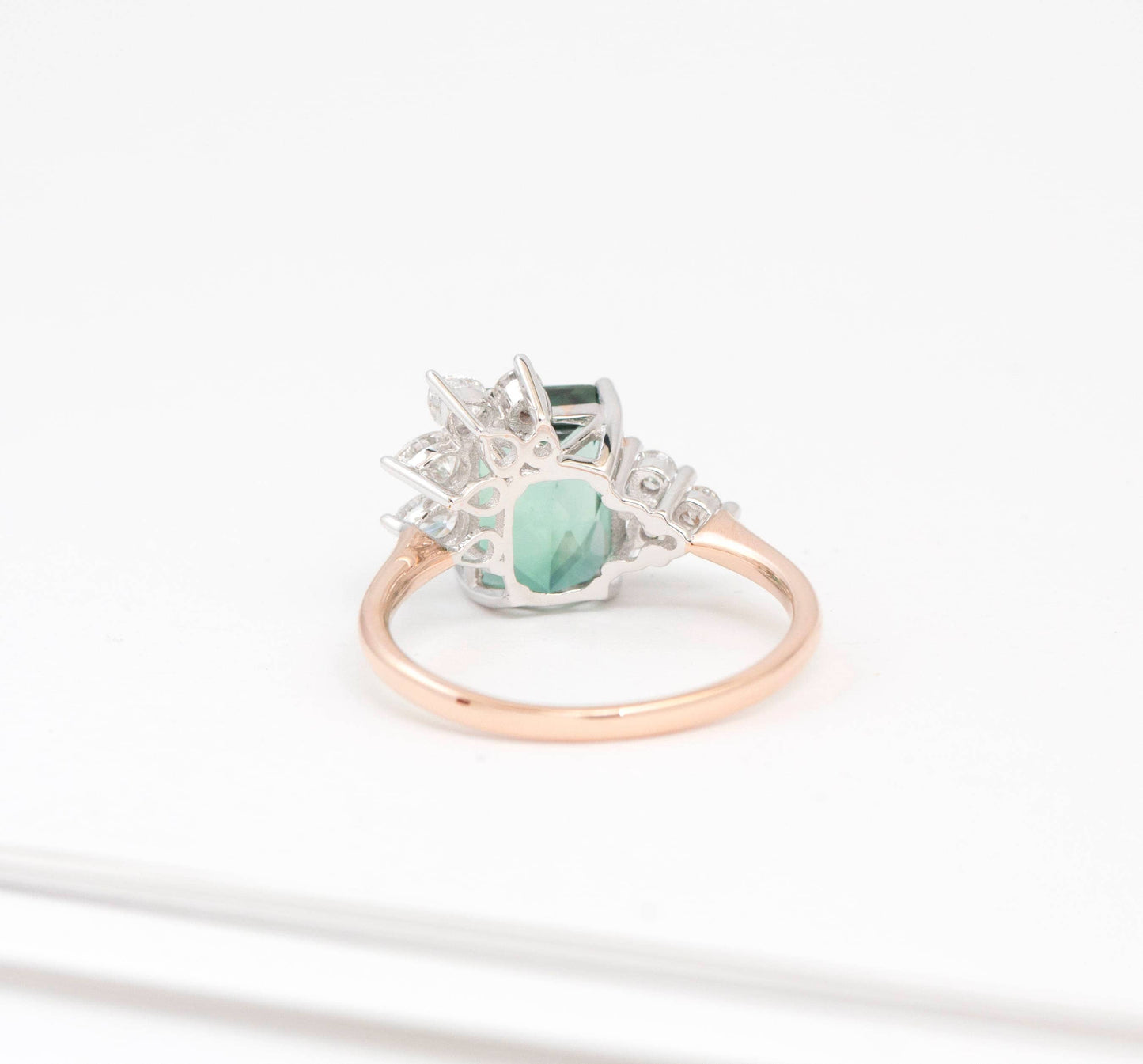 Emerald cut mint Tourmaline ring wih off-set diamond details, 18k white/rose gold ring,Contemporary design ring with custom gemstone