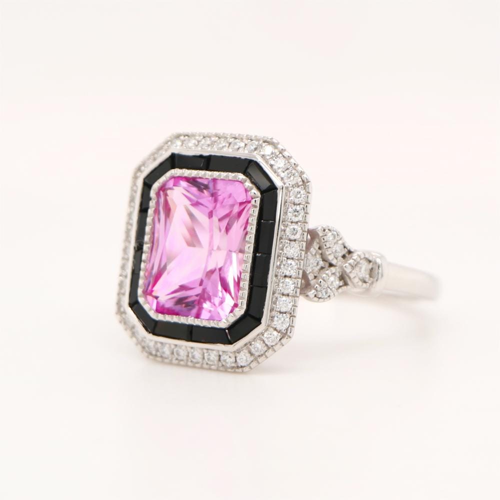Onyx halo Art Deco ring in Pink Sapphire, Vintage style pink sapphire ring