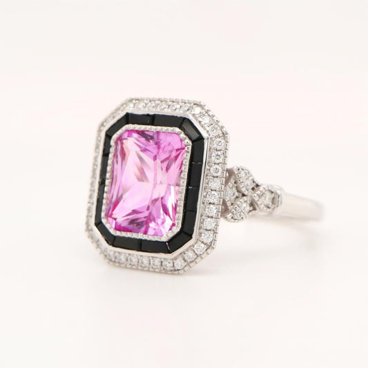 Onyx halo Art Deco ring in Pink Sapphire, Vintage style pink sapphire ring