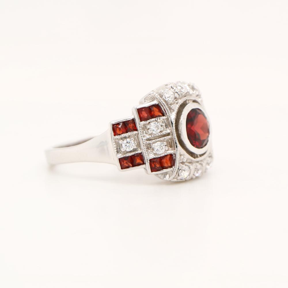 Art Deco Cocktail Ring with Garnet and CZ in Sterling Silver