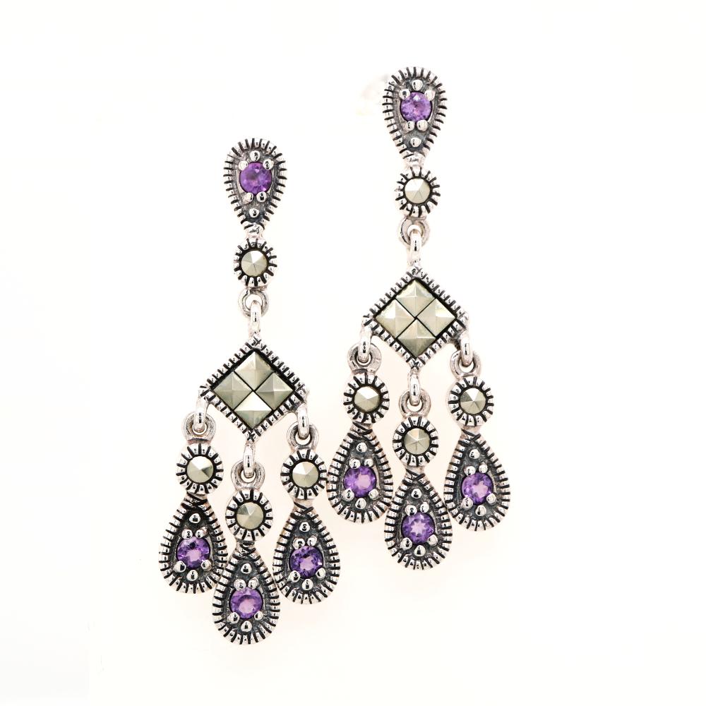 Amethyst and Marcasite Chandelier earrings in Silver