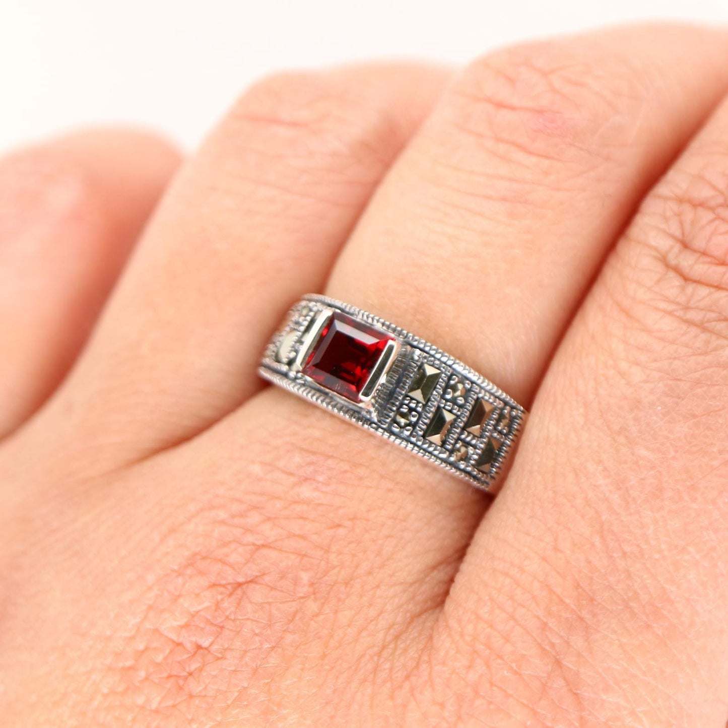 Marcasite band with garnet in silver, Anniversary ring
