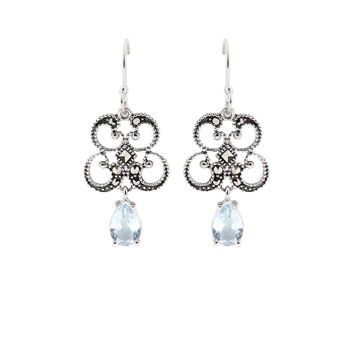 Edwardian Earrings in Blue Topaz, Marcasite and Sterling Silver