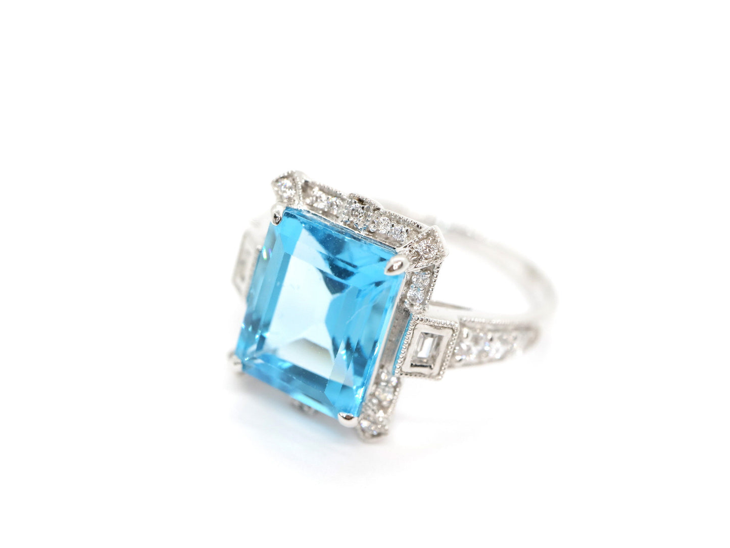 Art Deco vintage blue topaz  ring, Emerald cut blue topaz and diamond ring, White gold engagement ring, Topaz wedding ring, Anniversary gift