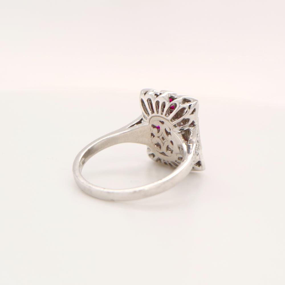 Art Deco square ruby and CZ sterling silver ring-Vintage inspired statement ring
