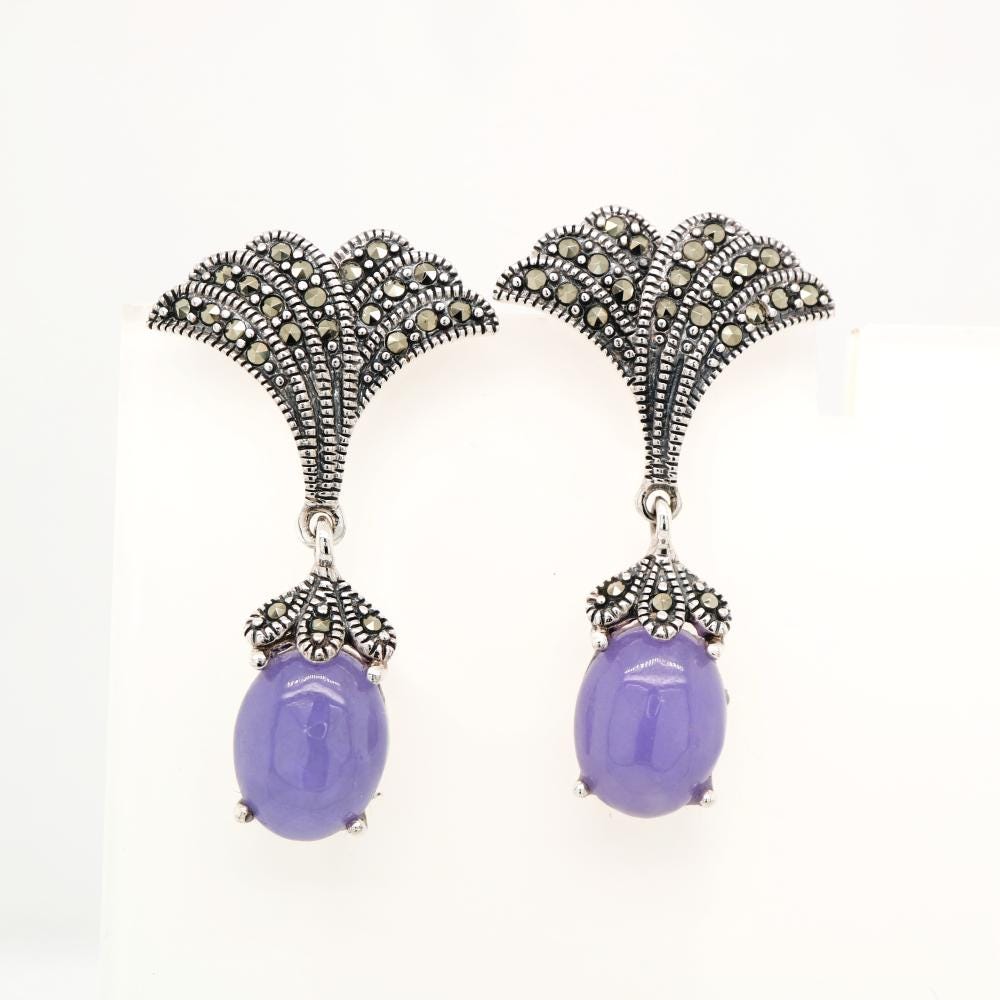 Art Deco Lavender Jade Drop Earrings with Marcasite in Silver