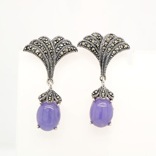 Art Deco Lavender Jade Drop Earrings with Marcasite in Silver