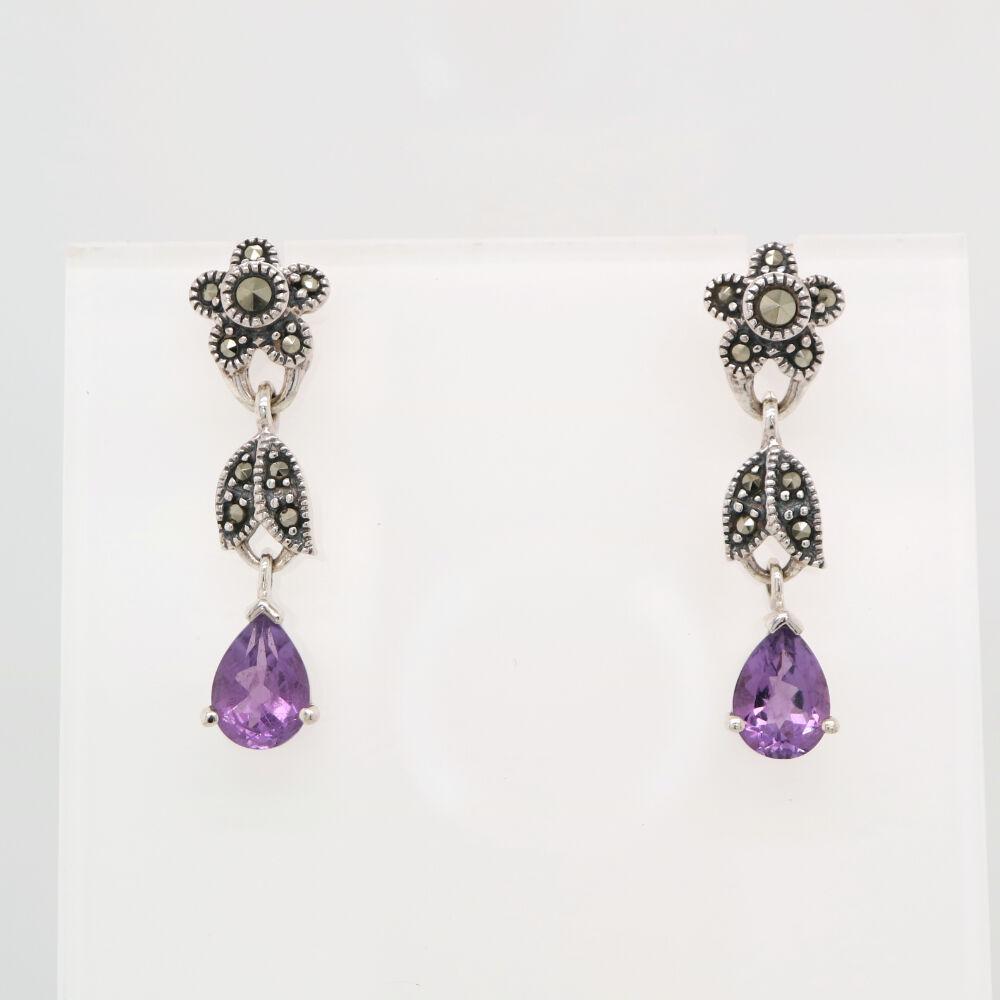Marcasite Flower with Amethyst Drop in Silver