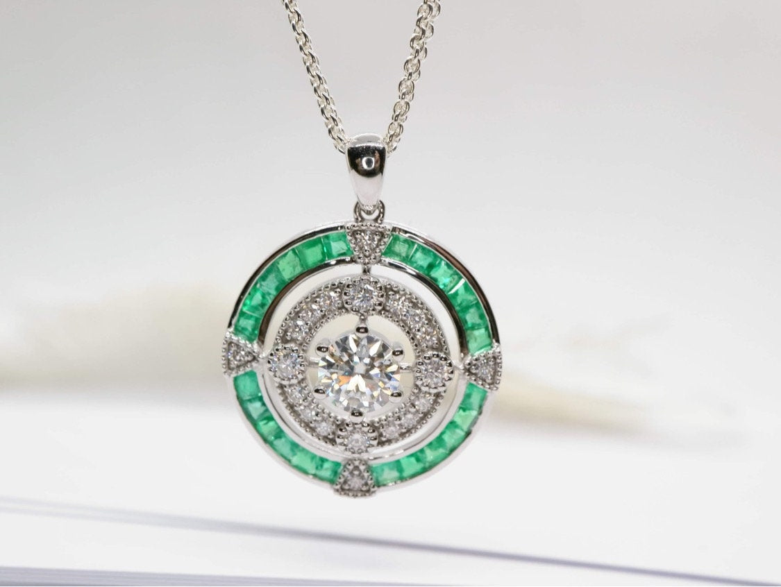 18k white gold natural emerald halo pendent, Vintage emerald diamond pendent, Anniversary gifts