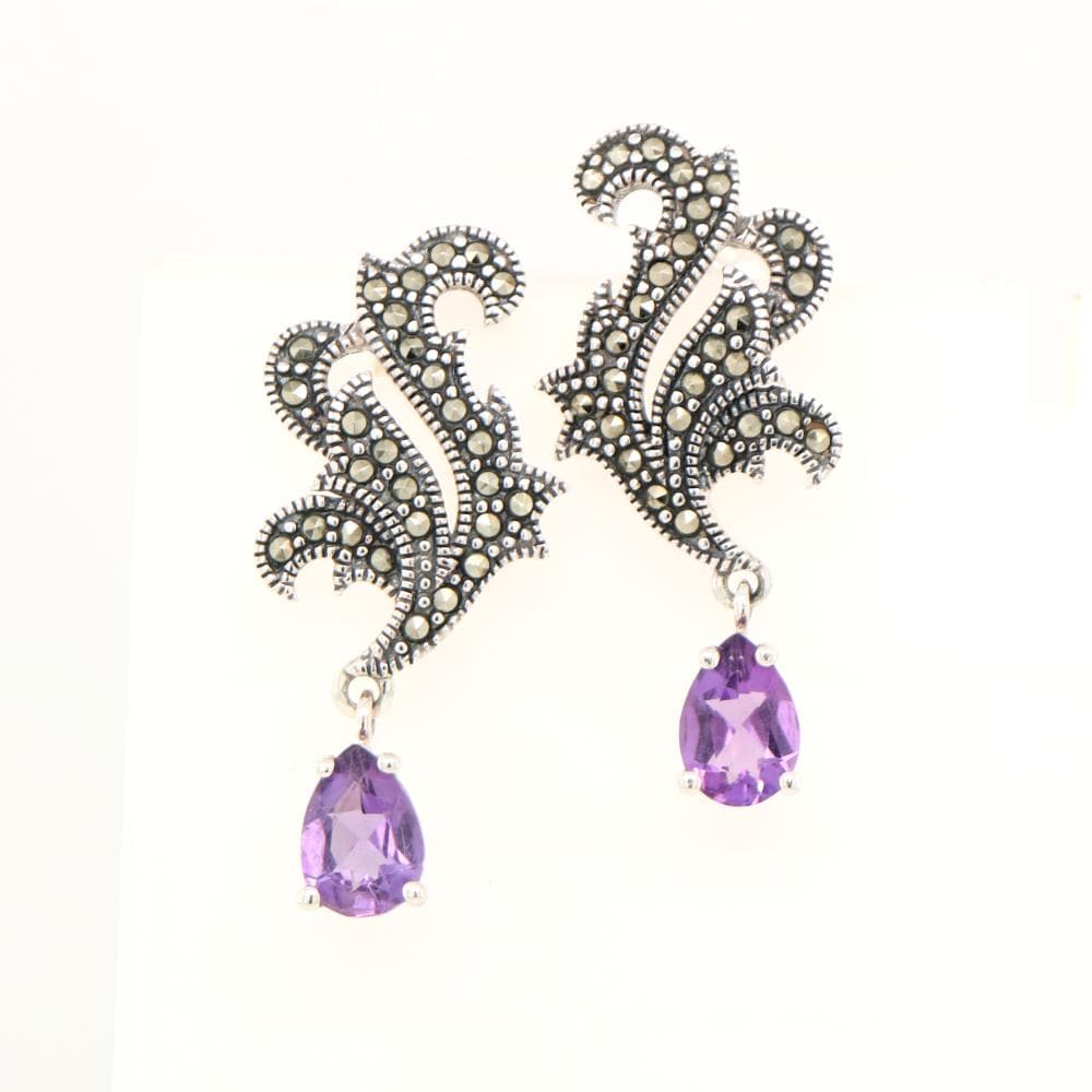 Marcasite Feather Earring with Amethyst in Silver