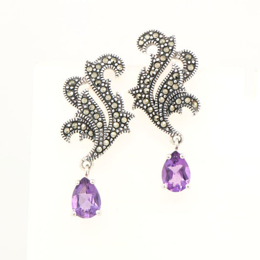 Marcasite Feather Earring with Amethyst in Silver