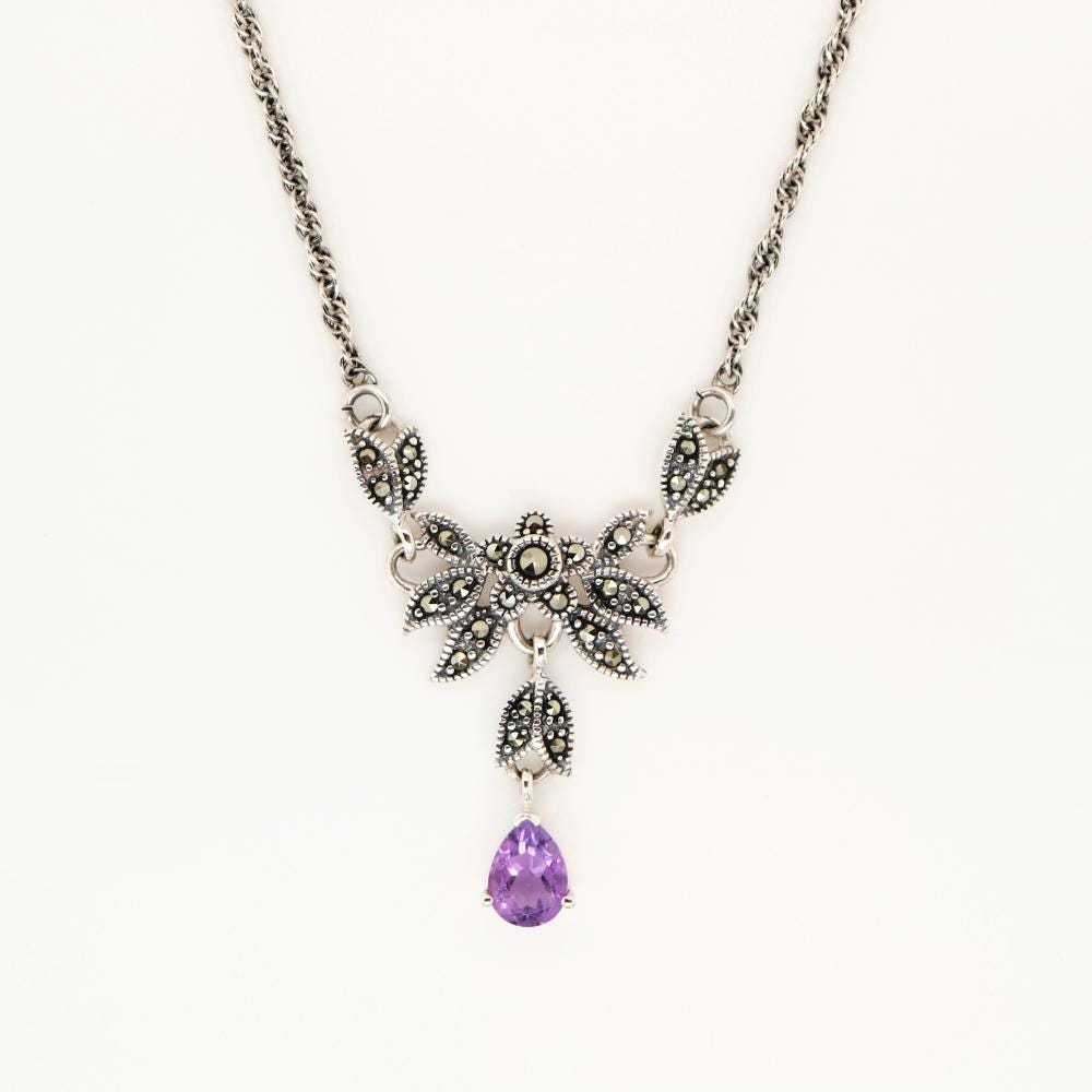 Floral Petal Necklace with Amethyst and Marcasite in Silver, Anniversary gift