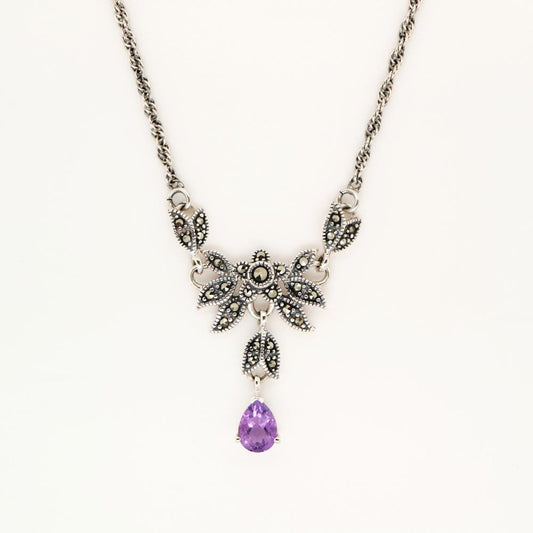 Floral Petal Necklace with Amethyst and Marcasite in Silver, Anniversary gift