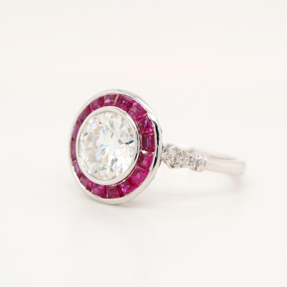 Vintage gold and natural ruby  halo ring with moissanite centre stone, Natural ruby halo ring