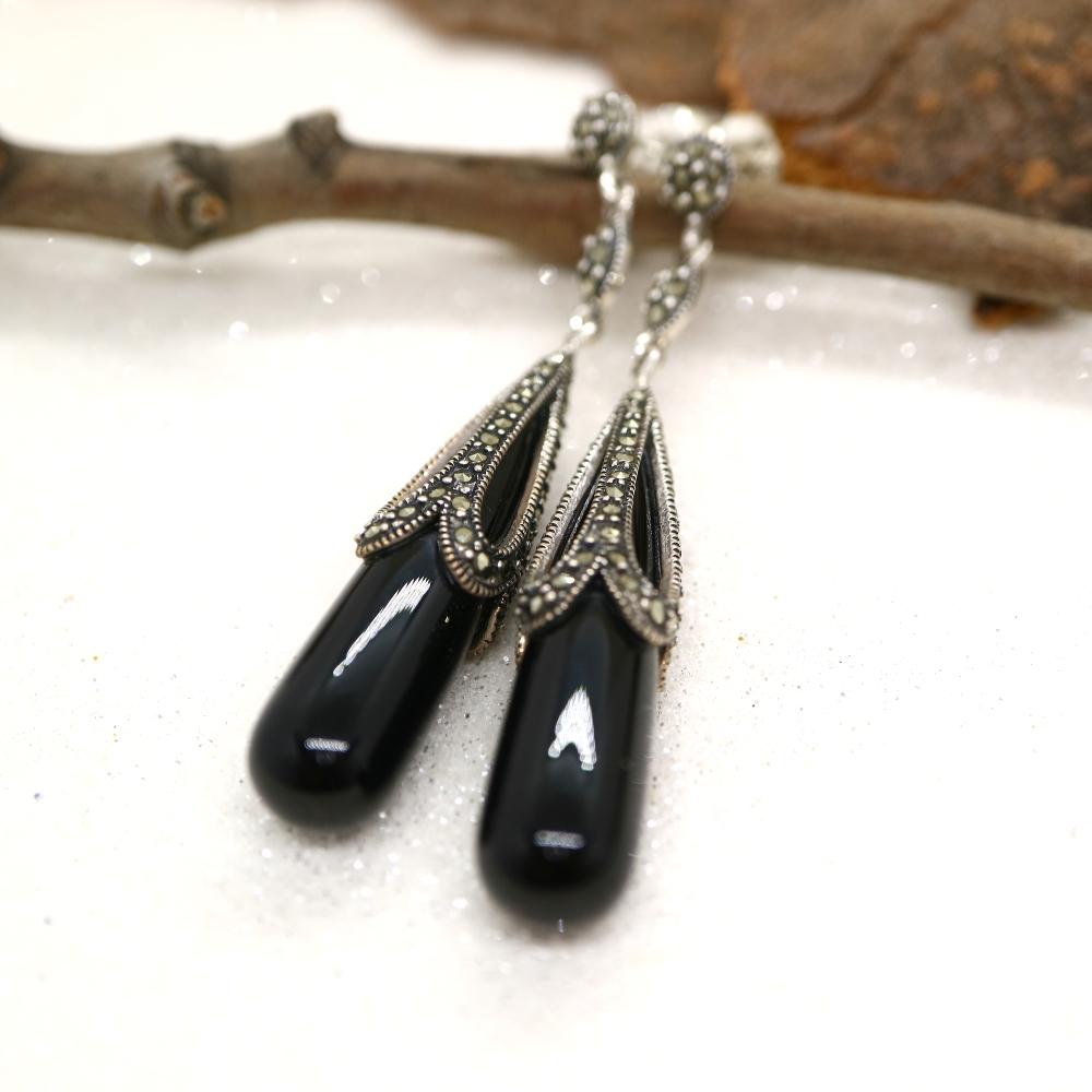 Art Deco Drop Design Earrings in Black Onyx, Marcasite and Sterling Silver