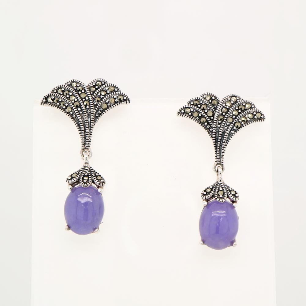 Art Deco Lavender Jade Drop Earrings with Marcasite in Silver