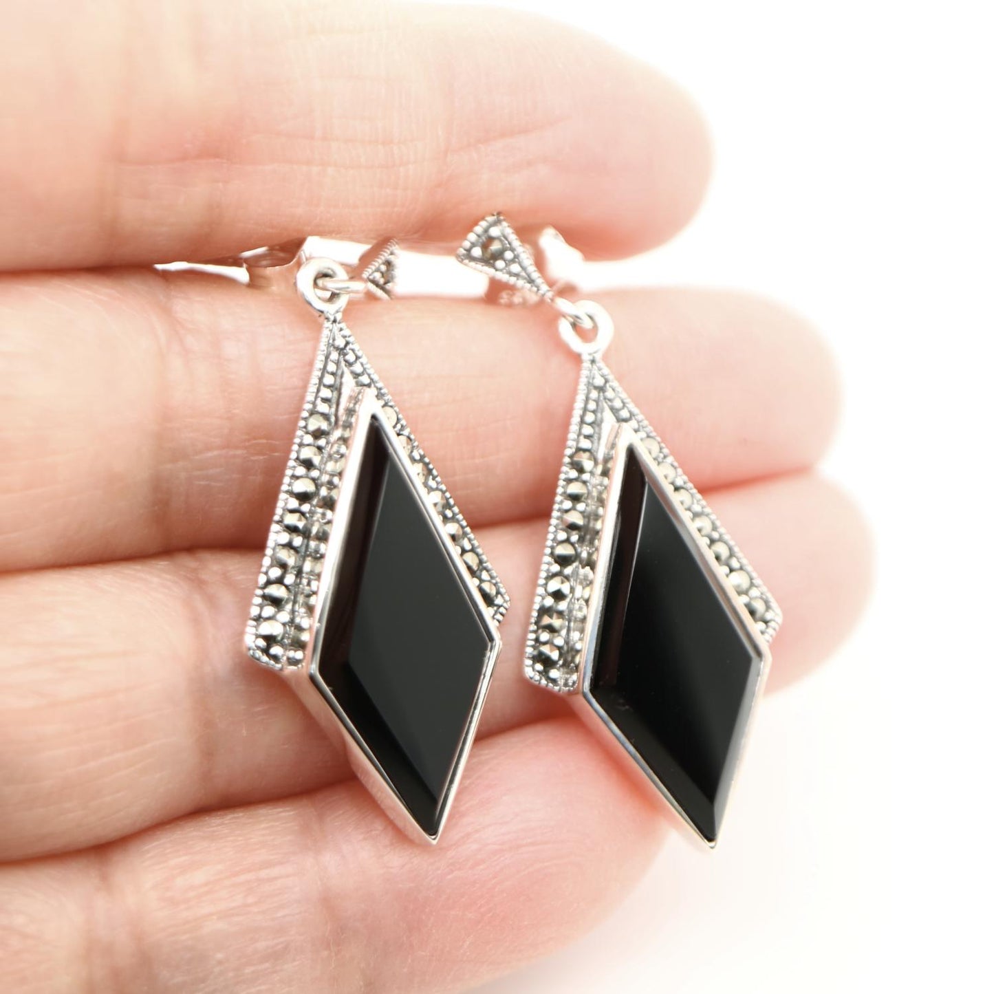 Art Deco Drop Earrings in Black Onyx, Marcasite in Sterling Silver