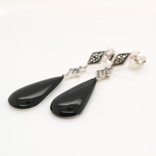 Art Deco Drop Earrings with Black Onyx Drop, Marcasite in Sterling Silver