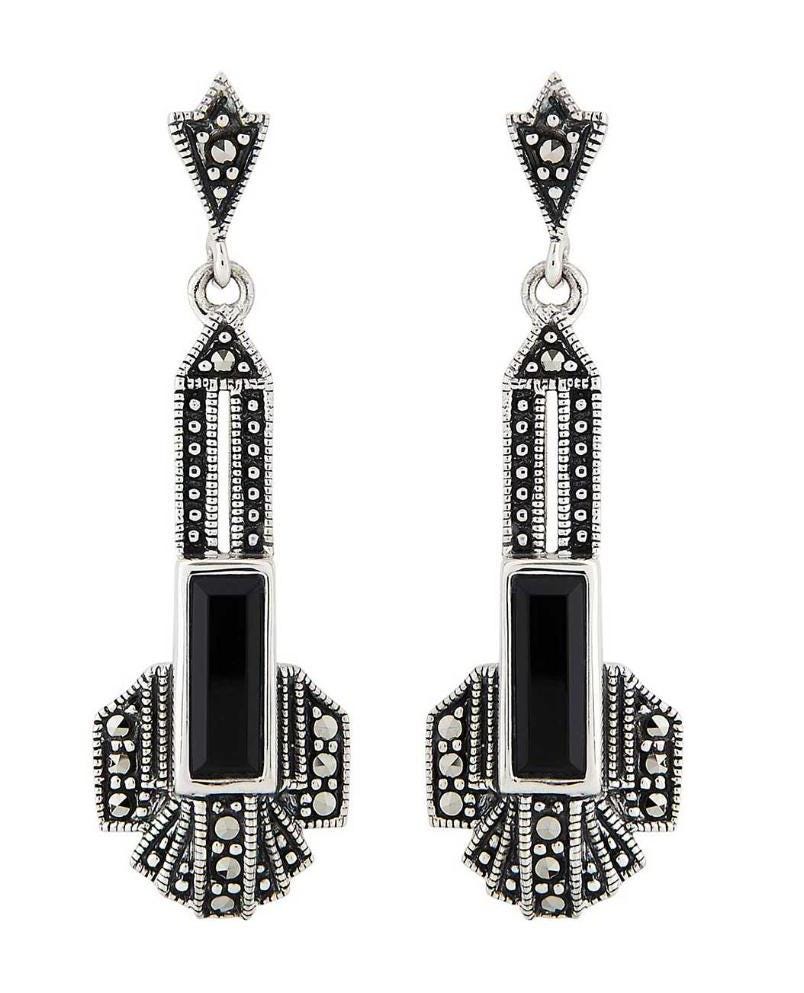 Art Deco Drop Earrings in Black Onyx, Marcasite and Sterling Silver