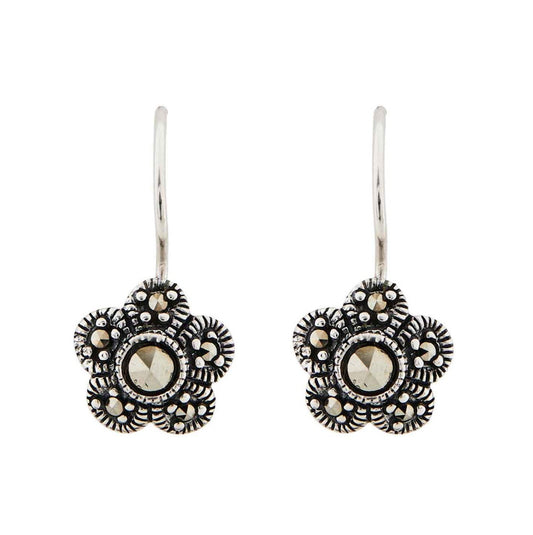 Flower Drop Earring in Sterling Silver and Marcasite
