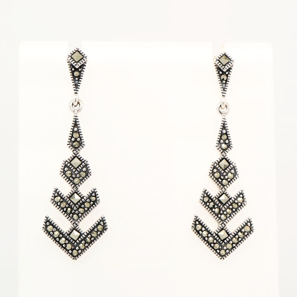 Art Deco Arrow Marcasite Drop Earrings in Silver