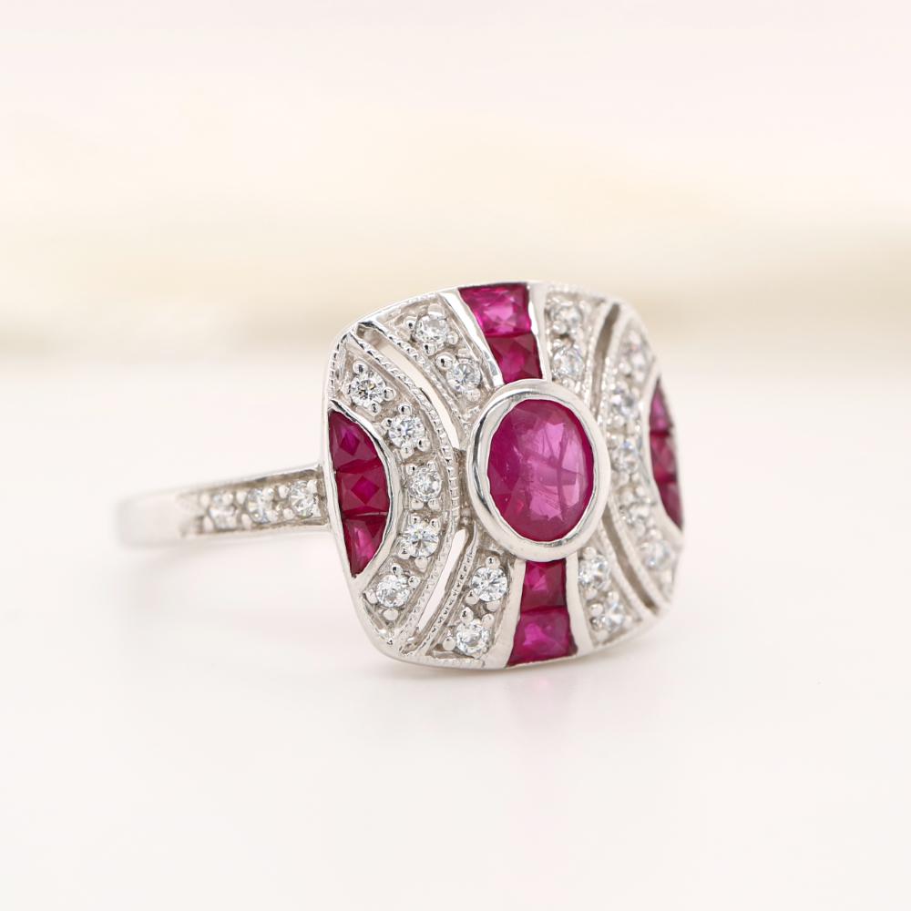 Sterling Silver Art deco Ruby Gem Cluster Ring