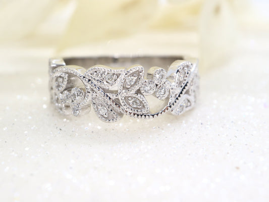 14k Vine and leaf white gold diamond ring , Filigree diamond ring, natural inspired round  sapphire and diamond vine band