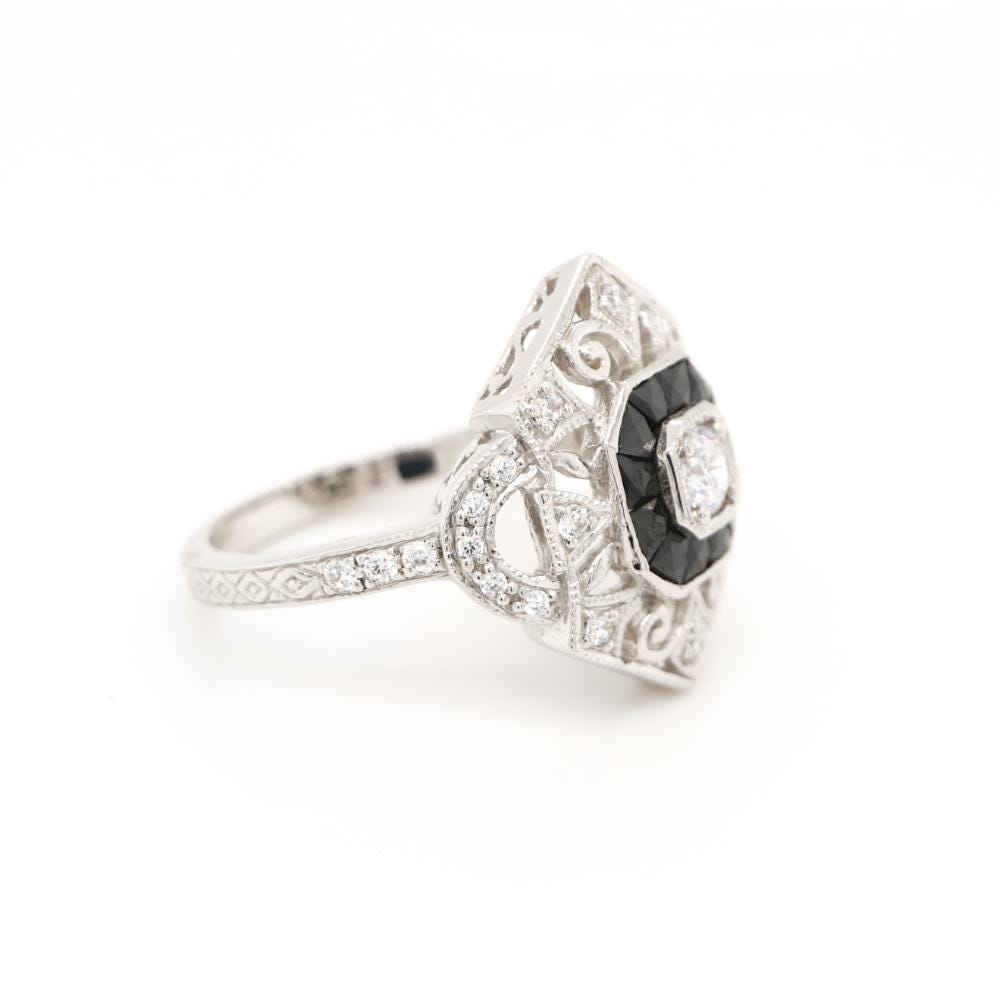 French Cut Onyx Cocktail Ring in White Gold with Diamond