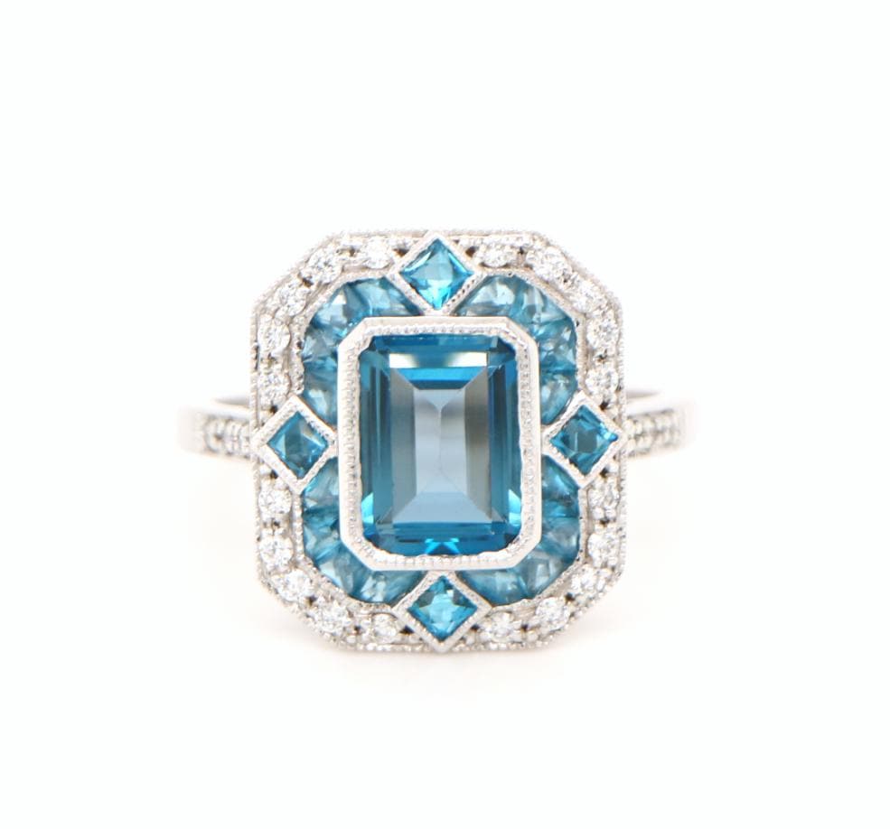London blue topaz cocktail  ring with diamond halo in white gold, White gold engagement ring, Topaz wedding ring, Anniversary gift