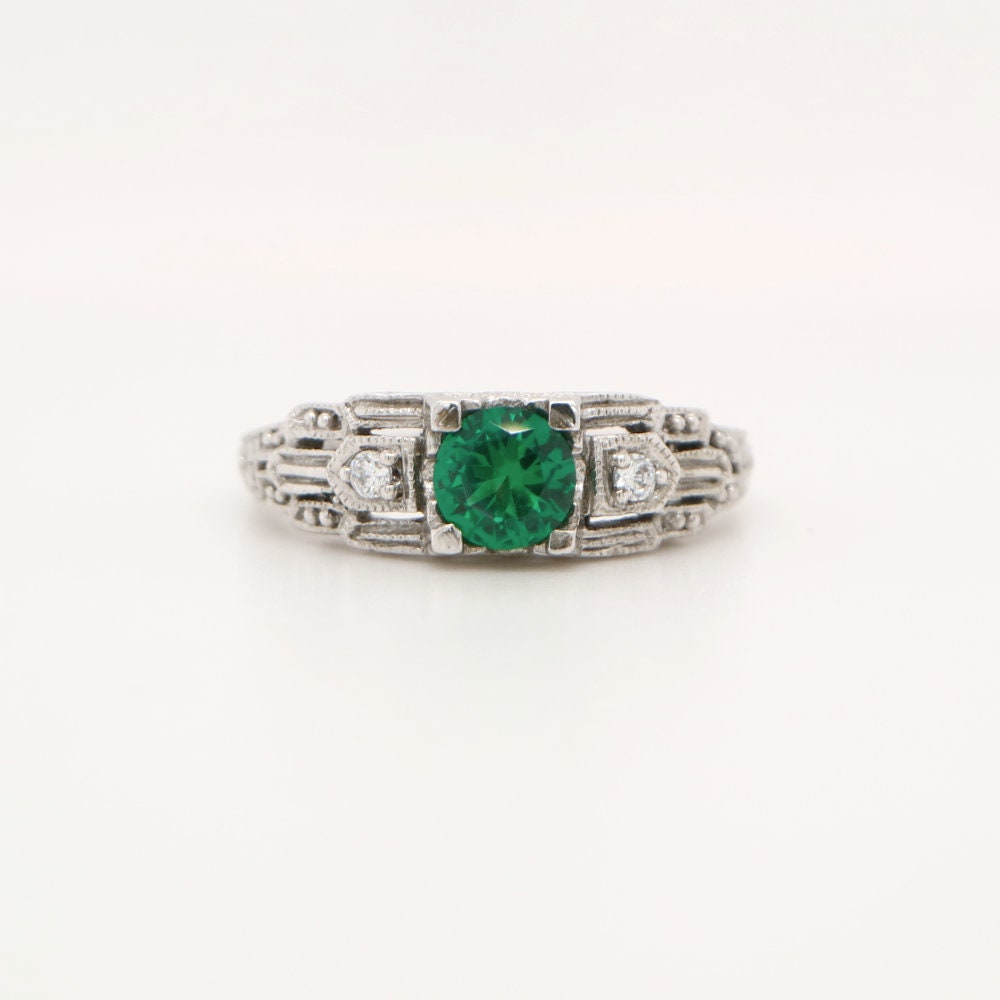Art Deco Silver ring with Center Emerald and shoulder CZ, Anniversary gift