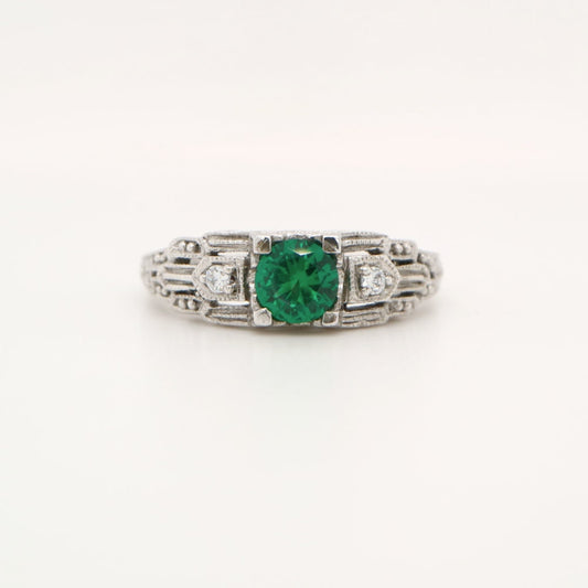 Art Deco Silver ring with Center Emerald and shoulder CZ, Anniversary gift