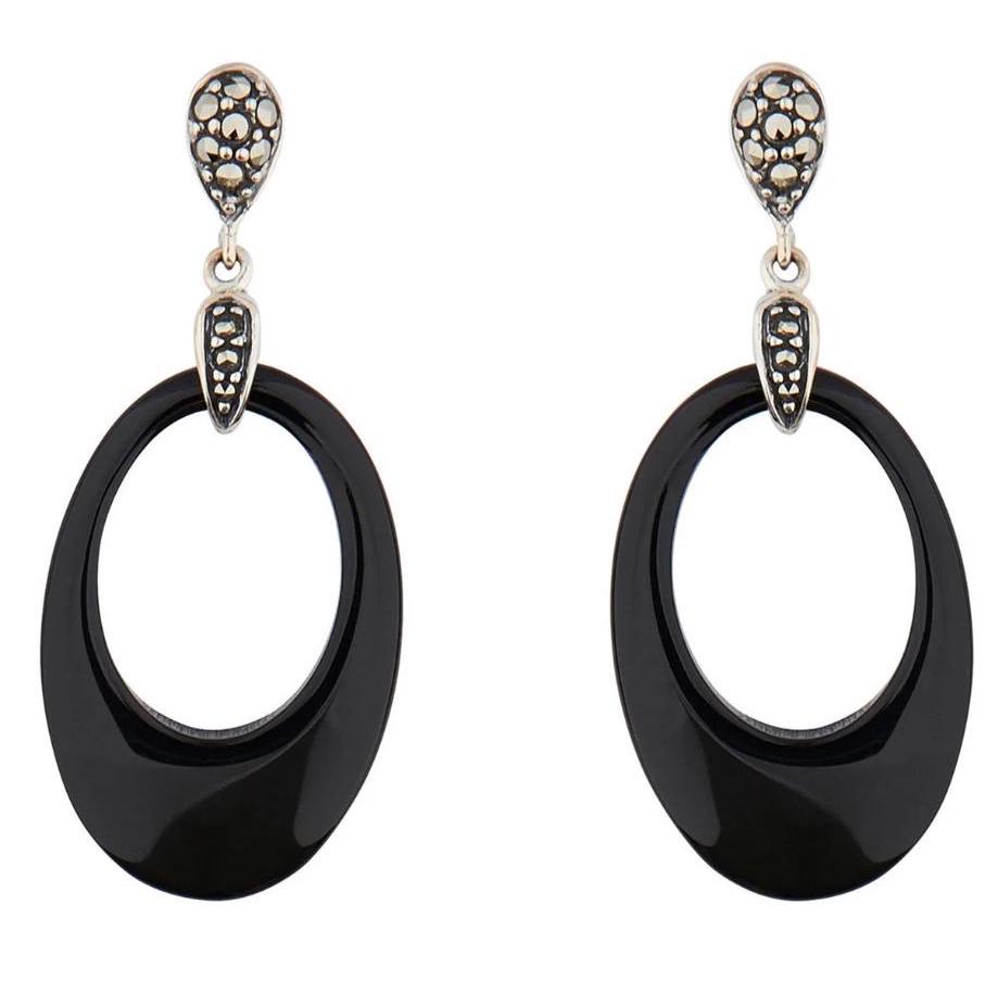 Art Deco Drop Earrings in Black Onyx, Marcasite and Sterling Silver