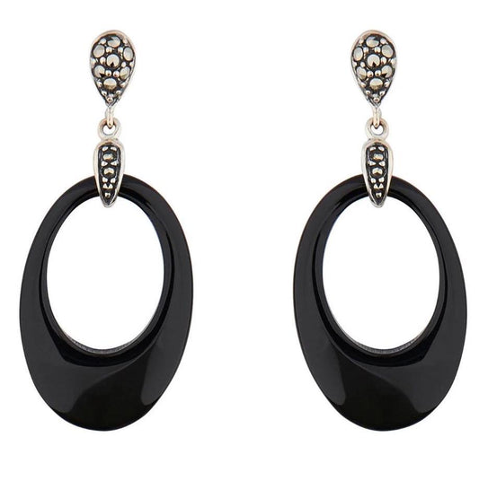 Art Deco Drop Earrings in Black Onyx, Marcasite and Sterling Silver