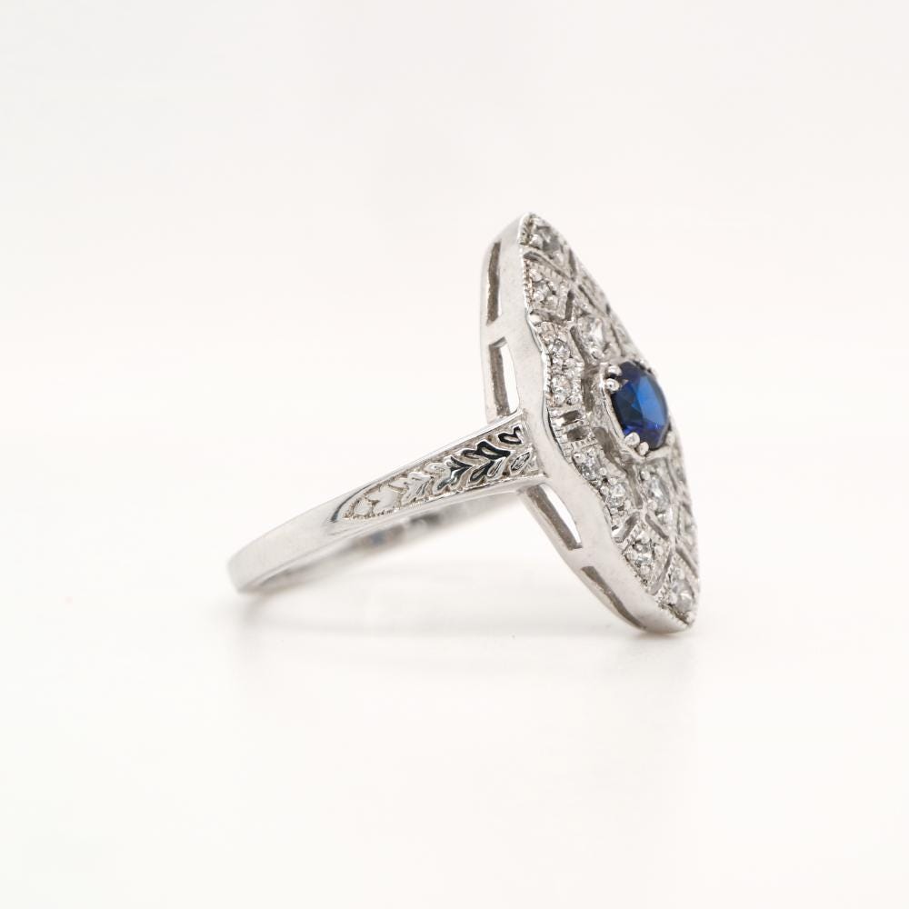 Art Deco Shield Ring in Sterling Silver with Sapphire and CZ