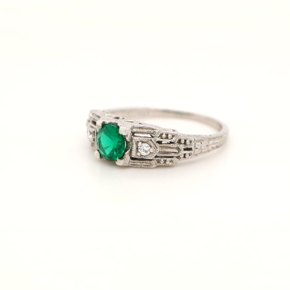 Art Deco Silver ring with Center Emerald and shoulder CZ, Anniversary gift