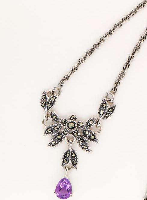 Floral Petal Necklace with Amethyst and Marcasite in Silver, Anniversary gift