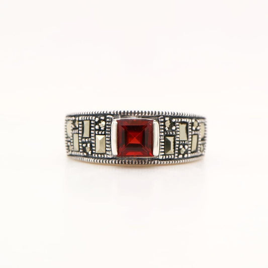 Marcasite band with garnet in  silver,  Anniversary ring