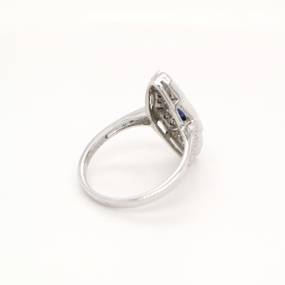 Art Deco Shield Ring in Sterling Silver with Sapphire and CZ
