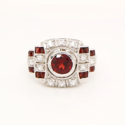 Art Deco Cocktail Ring with Garnet and CZ in Sterling Silver
