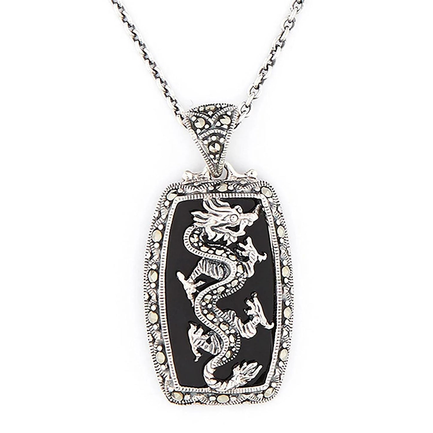 Dragon Pendant Necklace with Marcasite and Sterling Silver with choice of Green Jade or Onyx backgro