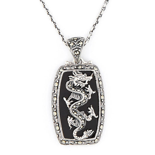 Dragon Pendant Necklace with Marcasite and Sterling Silver with choice of Green Jade or Onyx backgro