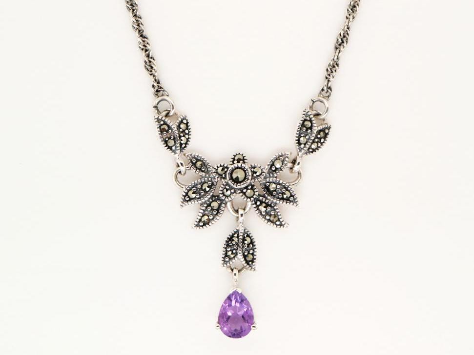 Floral Petal Necklace with Amethyst and Marcasite in Silver, Anniversary gift