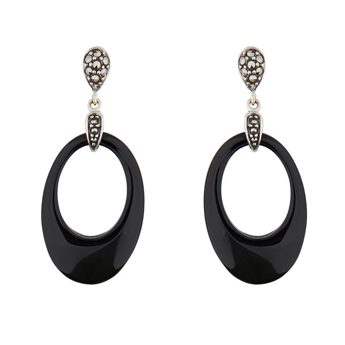 Art Deco Drop Earrings in Black Onyx, Marcasite and Sterling Silver