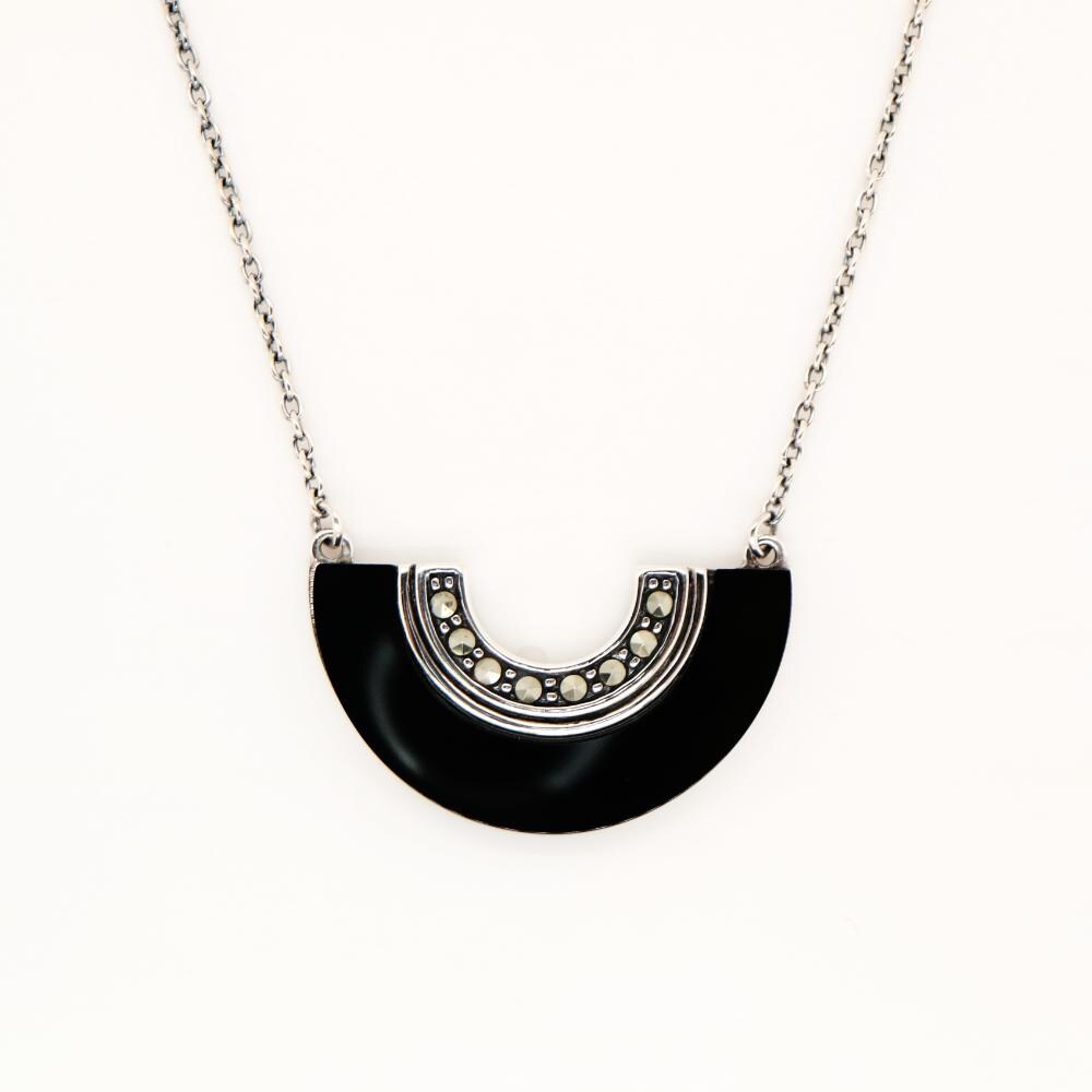 Art Deco Onyx Fan Necklace with Marcasite in Sterling Silver
