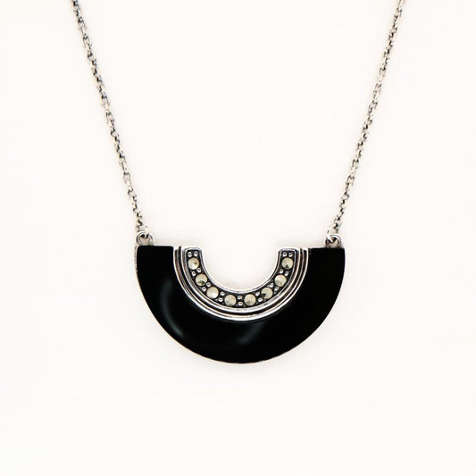 Art Deco Onyx Fan Necklace with Marcasite in Sterling Silver