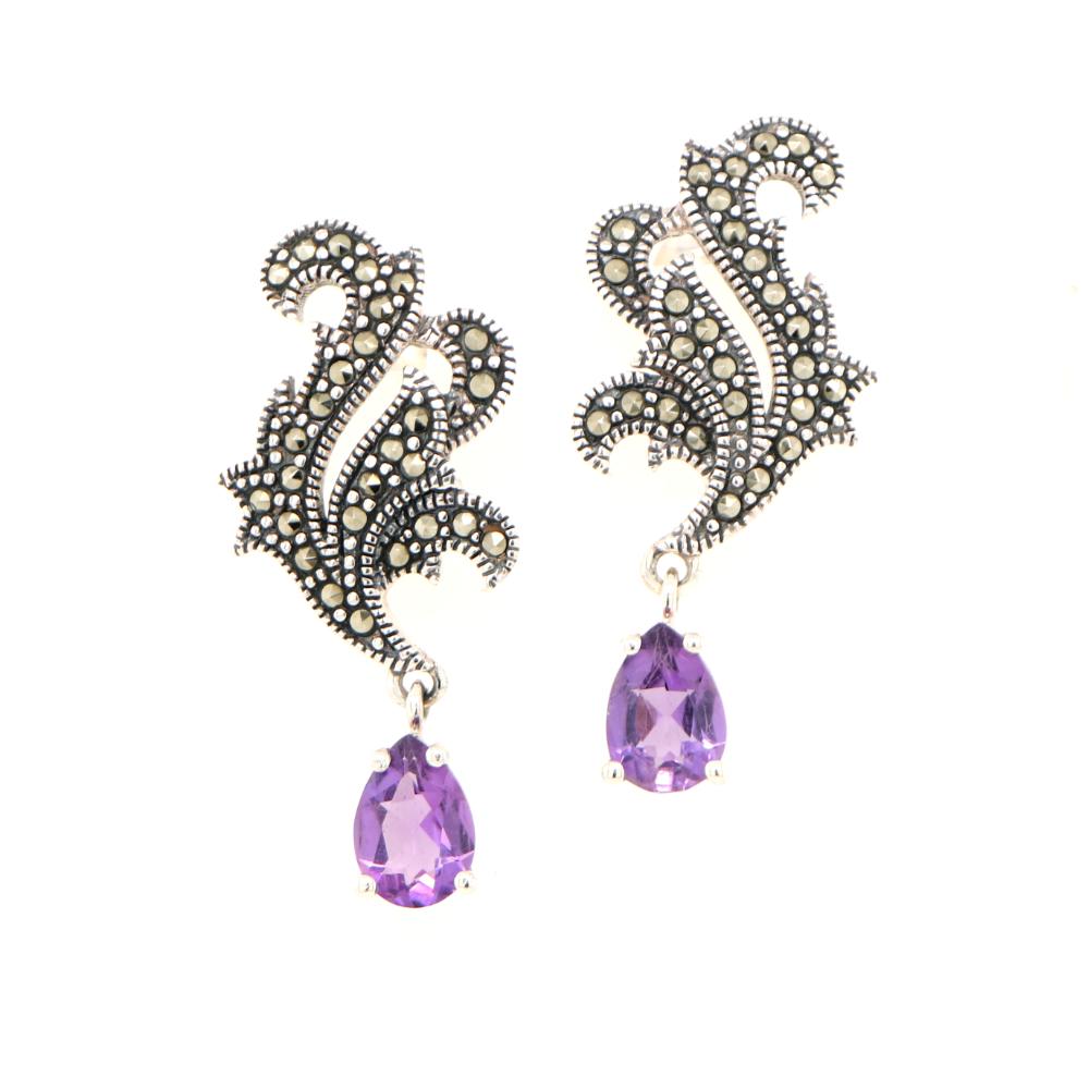 Marcasite Feather Earring with Amethyst in Silver