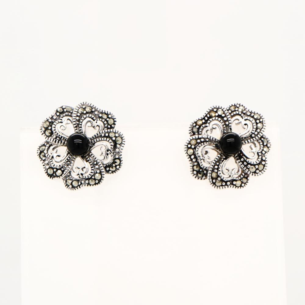5 Petal Flower Stud Earrings in Silver with Marcasite and Onyx