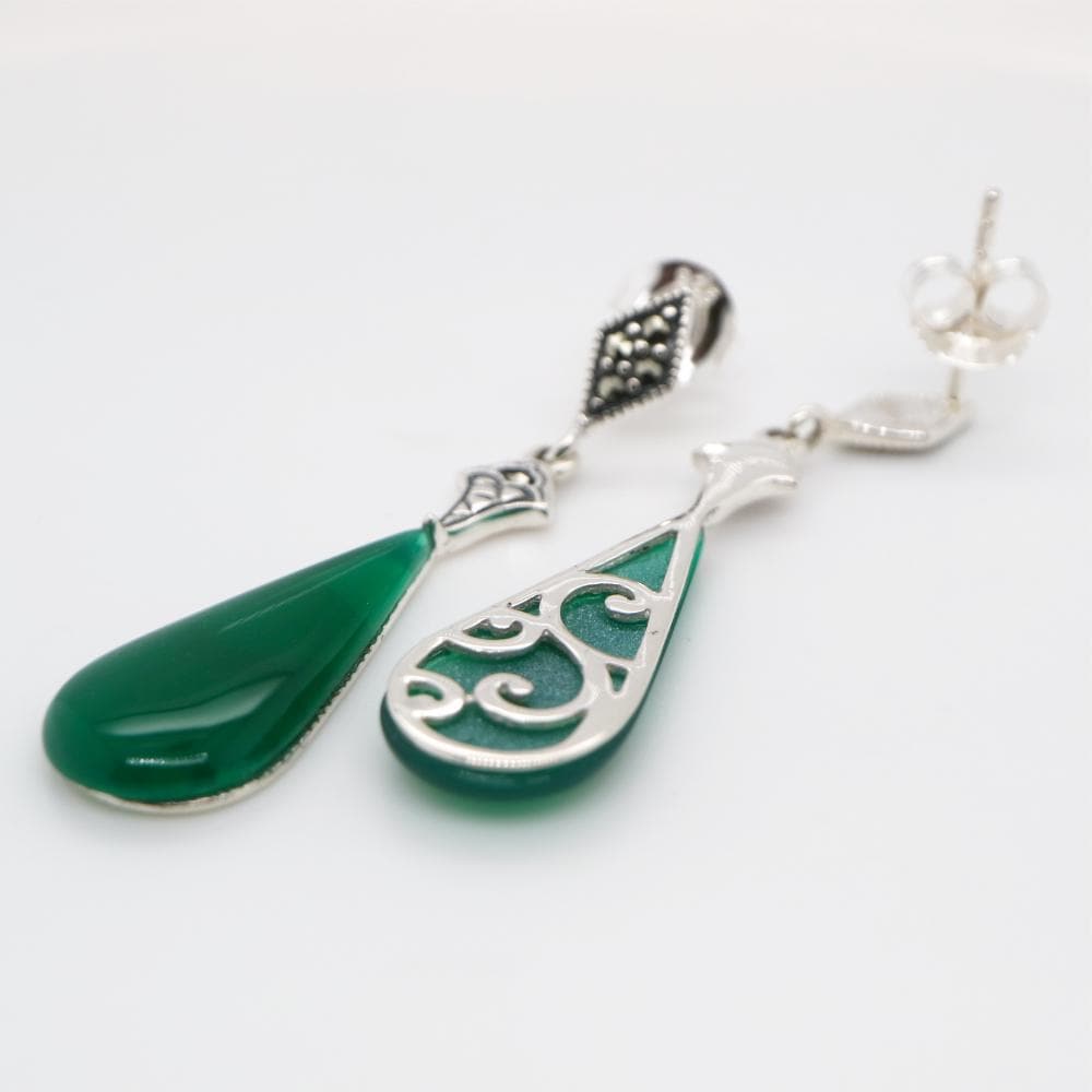 Art Deco Drop Earrings with Green Agate Drop, Marcasite in Sterling Silver