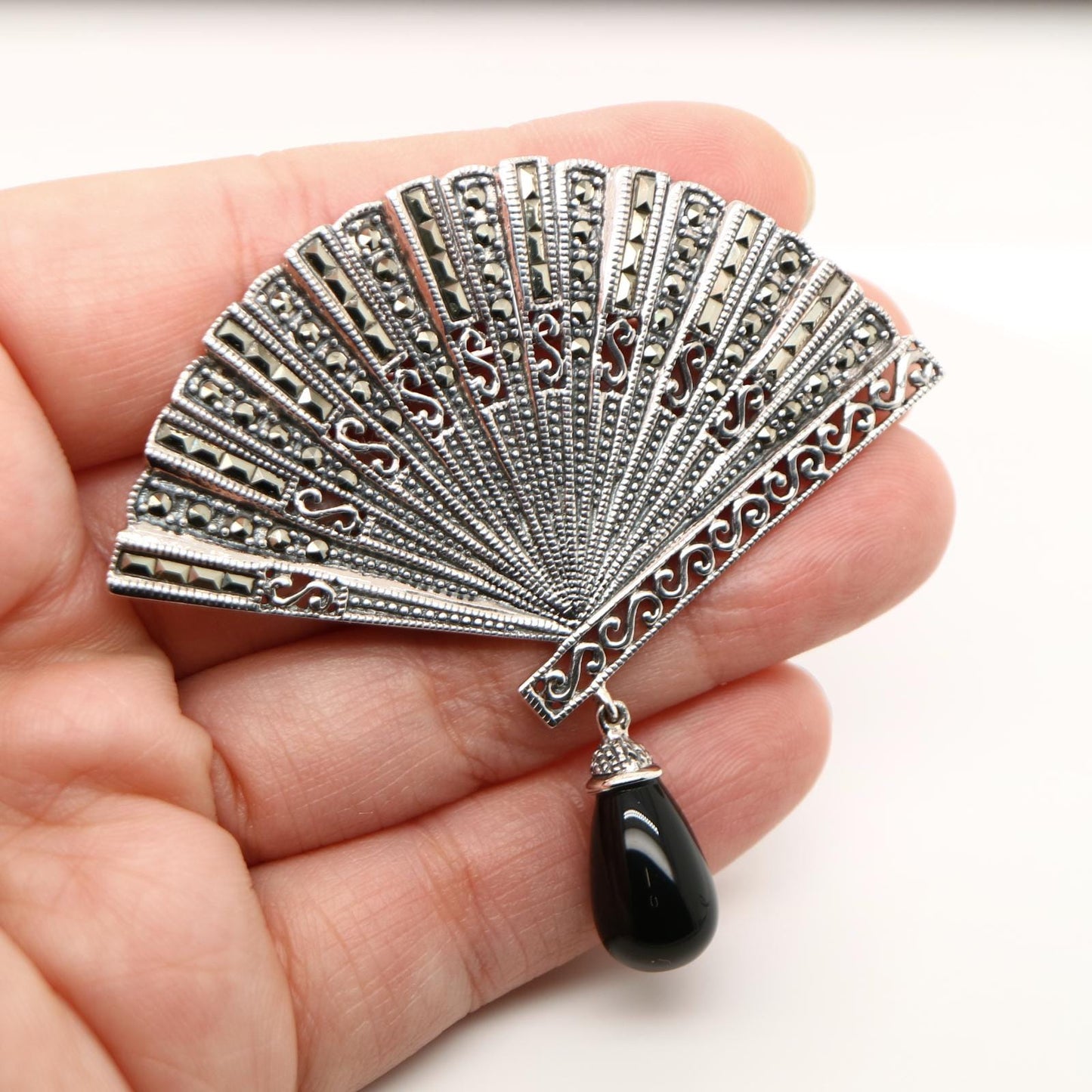 Marcasite Fan in Marcasite with Onyx Drop in Sterling Silver