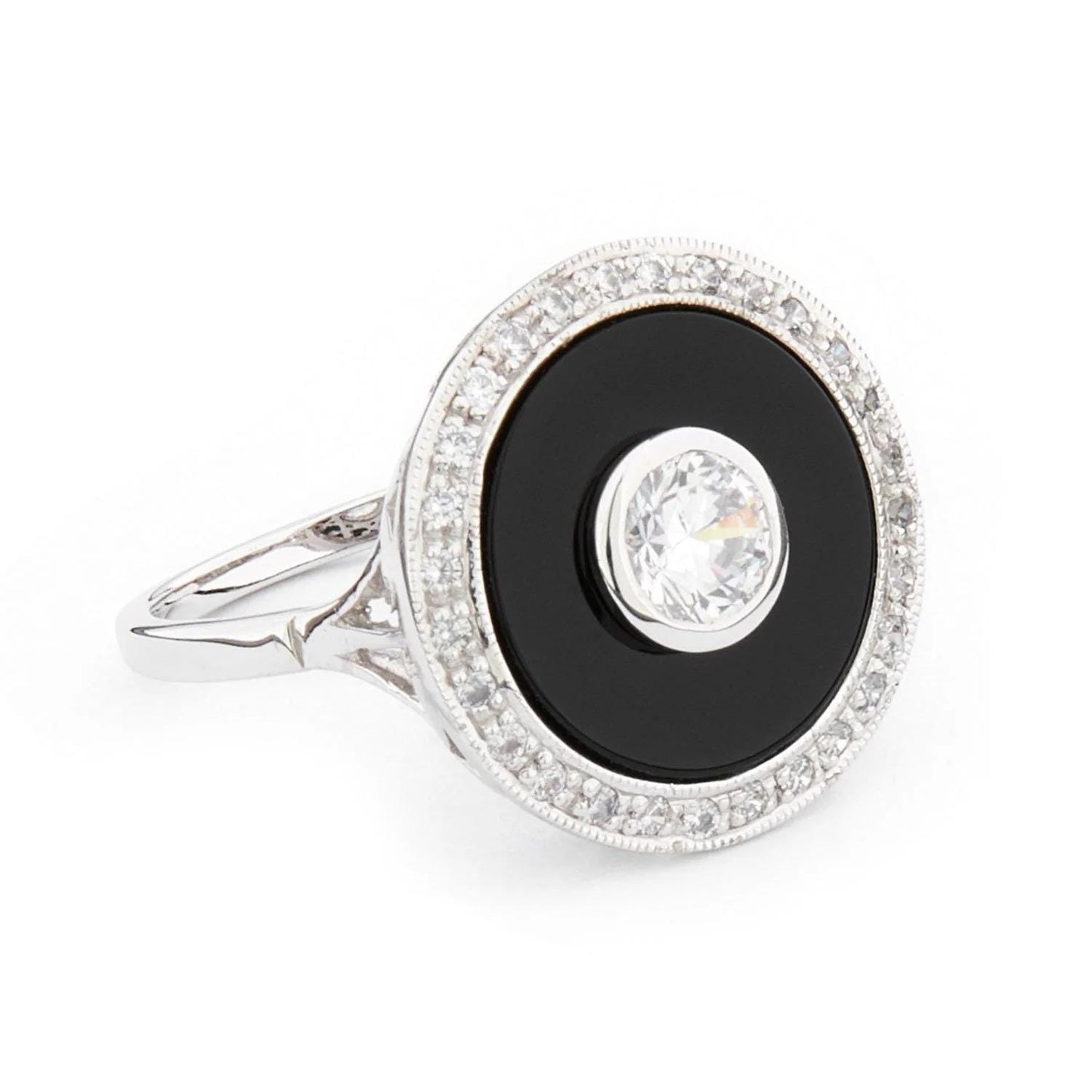 Art Deco Ring in Cubic Zirconia, Black Onyx and Sterling Silver